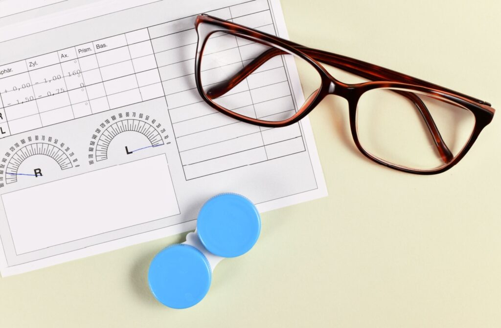 A pair of eyeglasses and a contact lens case sit on a prescription.