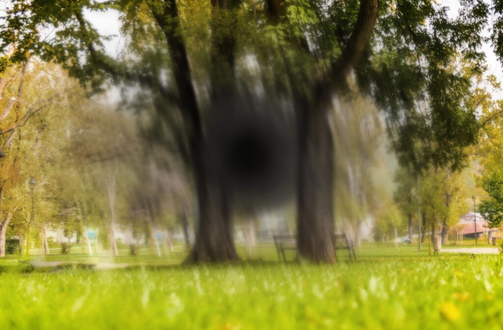 A black blur looking into trees, representing how AMD looks to a person who has it