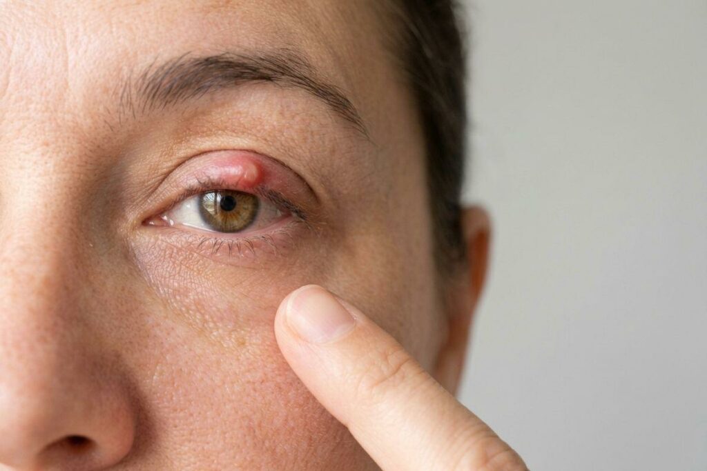 a close up of an eye with a stye on the eyelid that is inflammed.
