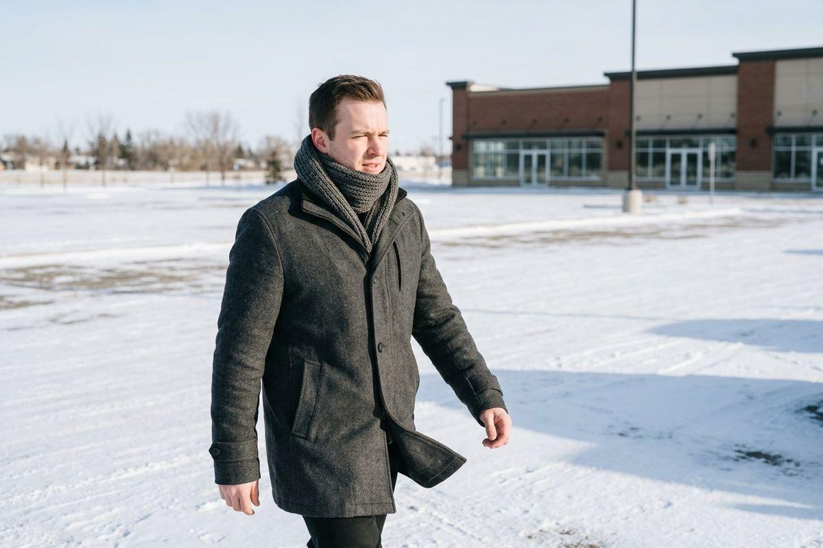 A person in a grey wool coat and knit scarf walking across a snow-covered lot, squinting in bright sunlight, with a brick building behind.