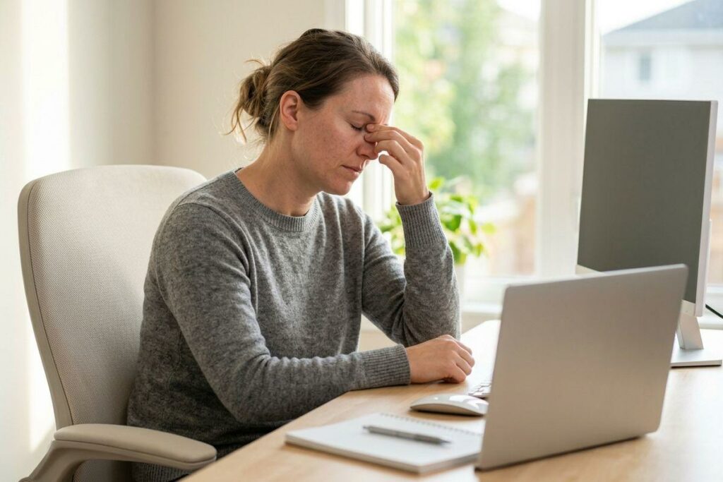 Adult in a grey sweater sits at a desk with a laptop, monitor and notebook, eyes closed and pinching the bridge of the nose.