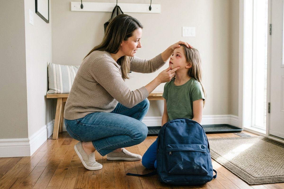 An adult crouching in a home entryway, holding a child's forehead and chin to look at their reddened eye, with a blue backpack nearby.