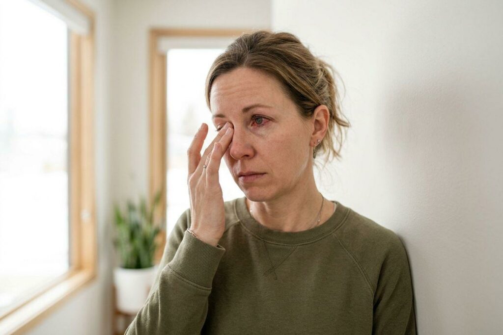 An adult in an olive sweatshirt rubbing one reddened eye with their fingers, standing indoors beside a bright window, looking uncomfortable.