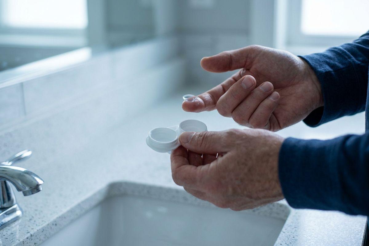 Close-up of hands holding a contact lens on a fingertip above an open lens case, over a bathroom sink and countertop.