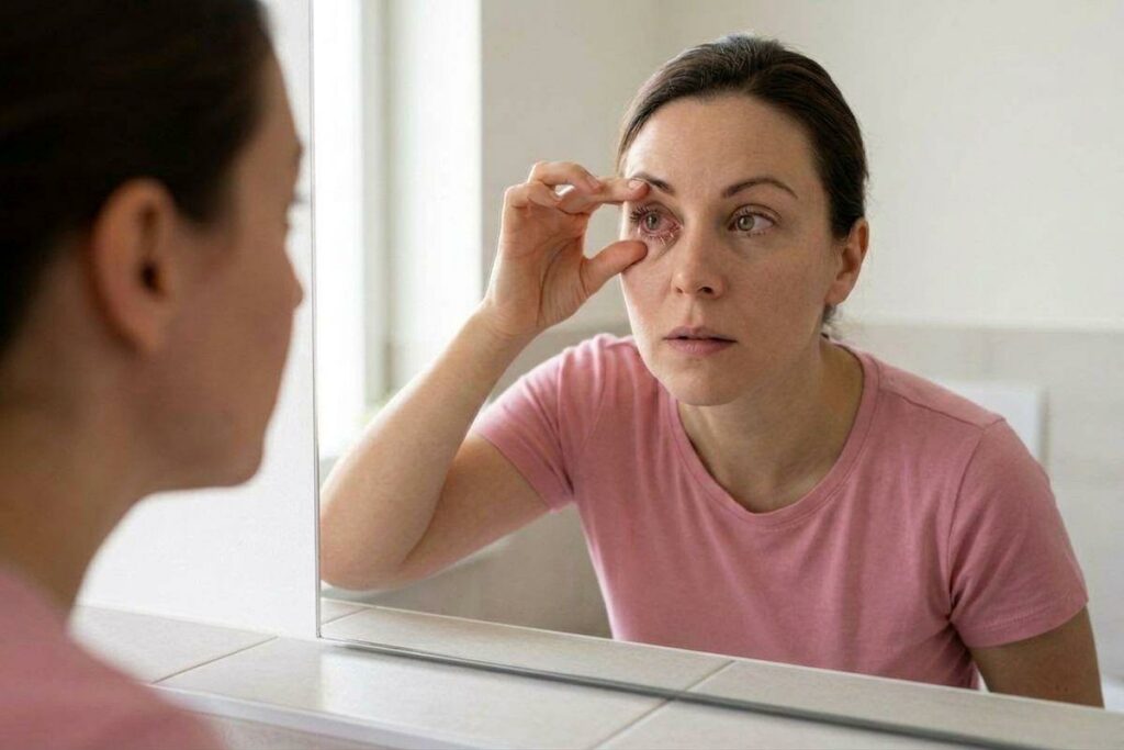 Person in a pink T-shirt holding one eye open with their fingers while examining it closely in a bathroom mirror.