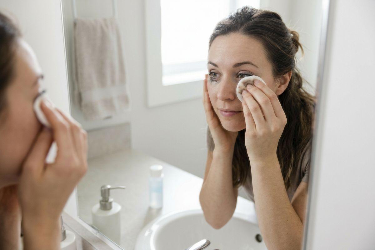 Person using a cotton pad under one eye while looking into a bathroom mirror, their reflection visible in the foreground beside a sink.