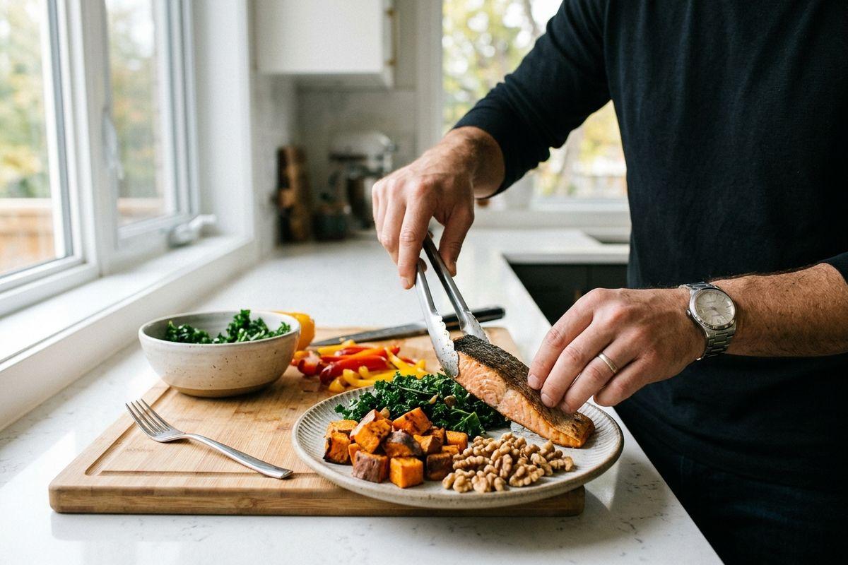 A person using tongs to place a salmon fillet on a plate of kale, roasted sweet potato, and walnuts on a kitchen counter.
