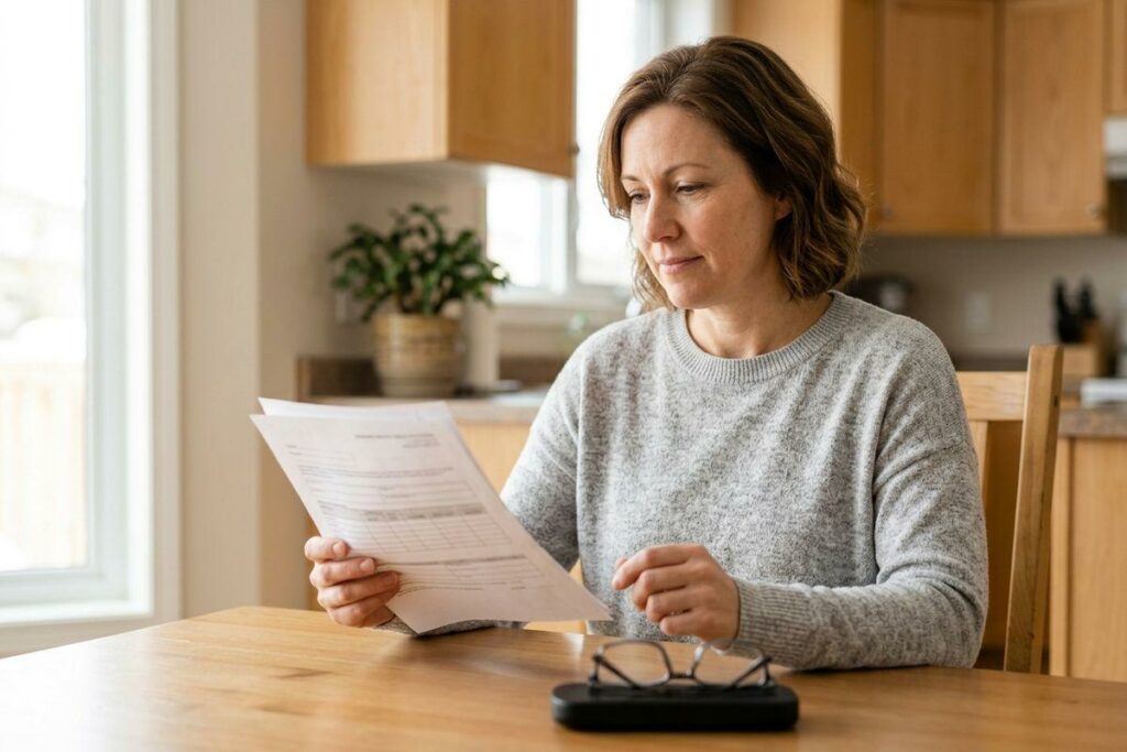 Adult in a grey sweater sits at a kitchen table reading printed documents, with glasses resting on a case in front of them.