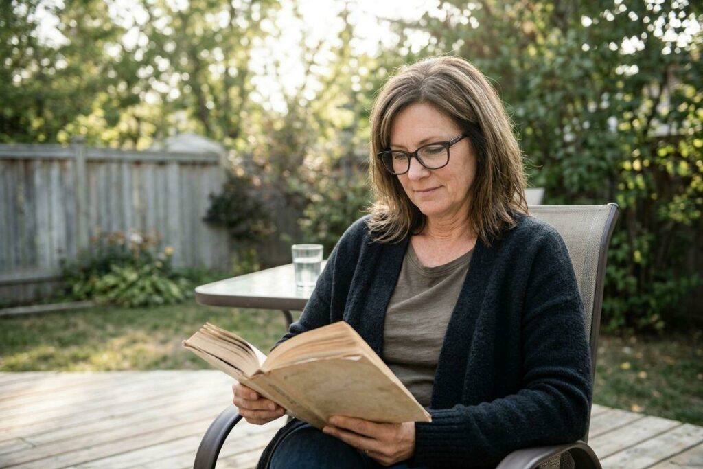Adult with glasses reading a book while seated on a patio chair in a backyard, with a glass of water on a nearby table.