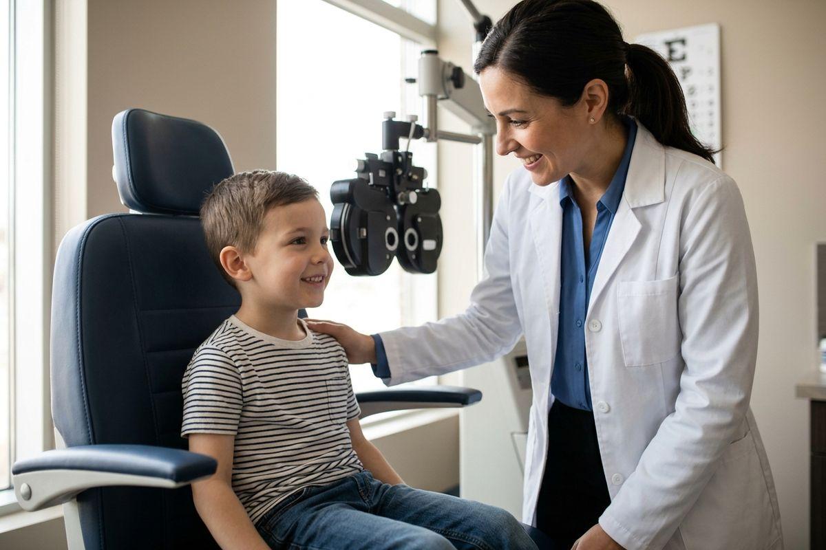 Optometrist smiling at a child seated in an exam chair beside a phoropter, hand on the child's shoulder; eye chart on the wall.